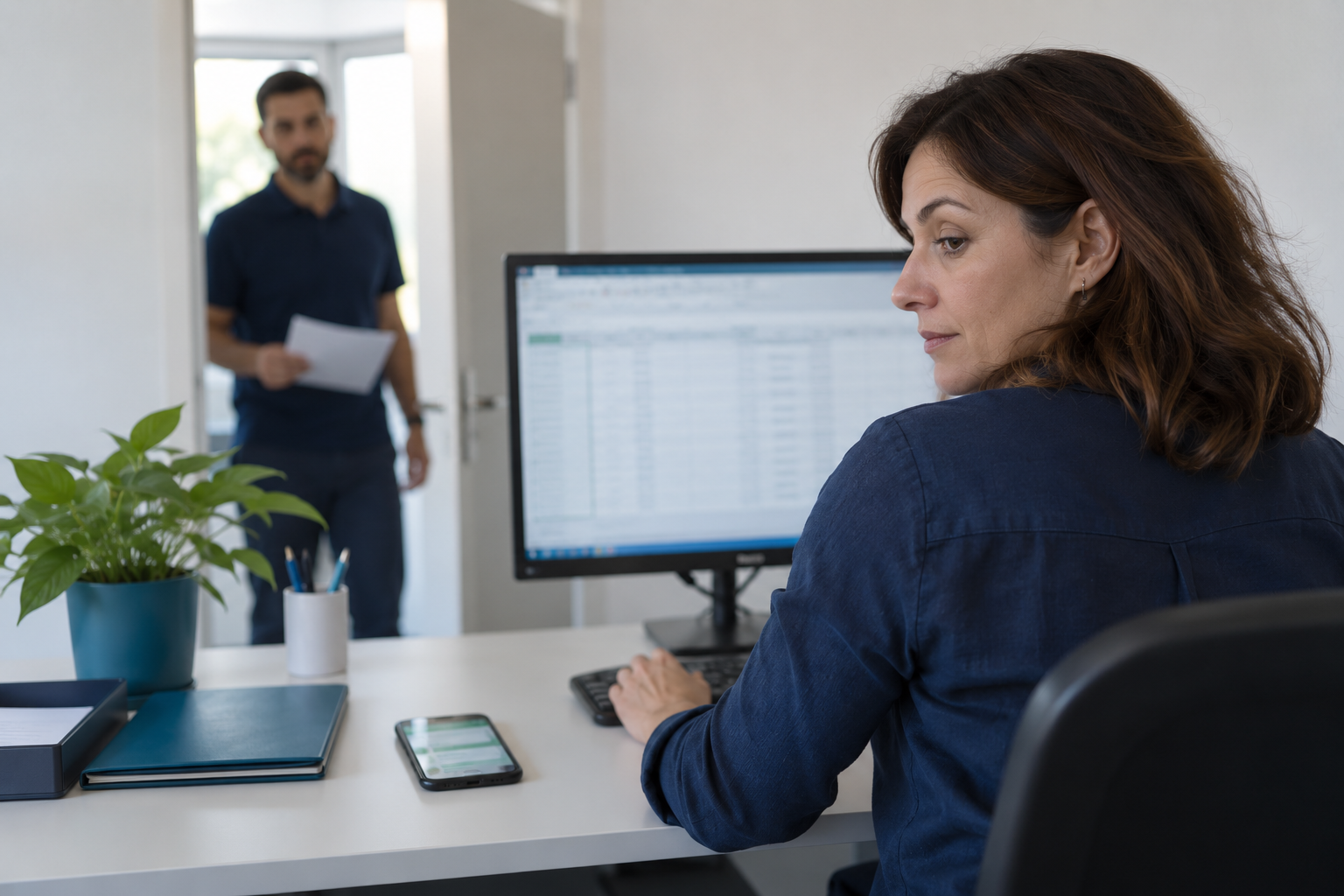 Uma colaboradora de um escritório de PME a trabalhar no ERP enquanto um colega espera à porta com uma folha na mão para lhe fazer uma pergunta