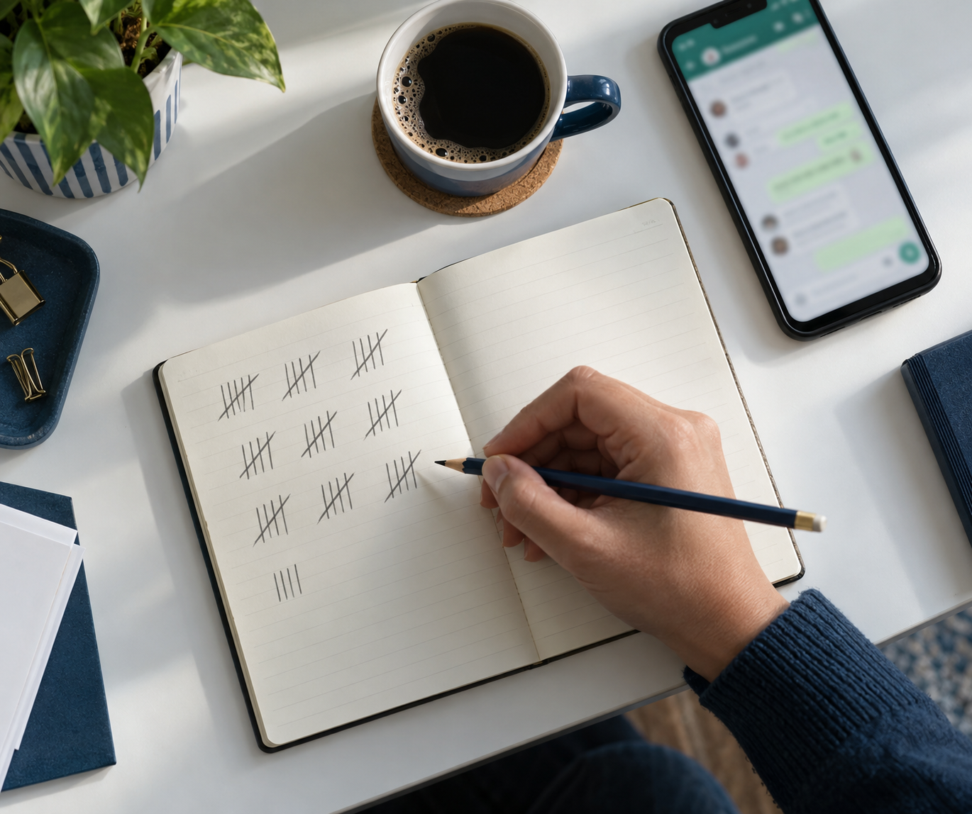 Caderno aberto numa secretária com riscos a lápis agrupados de cinco em cinco, ao lado de um café e de um smartphone com uma conversa de WhatsApp