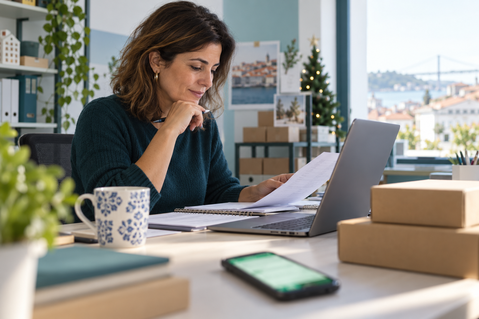 Responsável de compras na secretária a rever que artigos repor antes da época de Natal, com o telemóvel pousado à frente