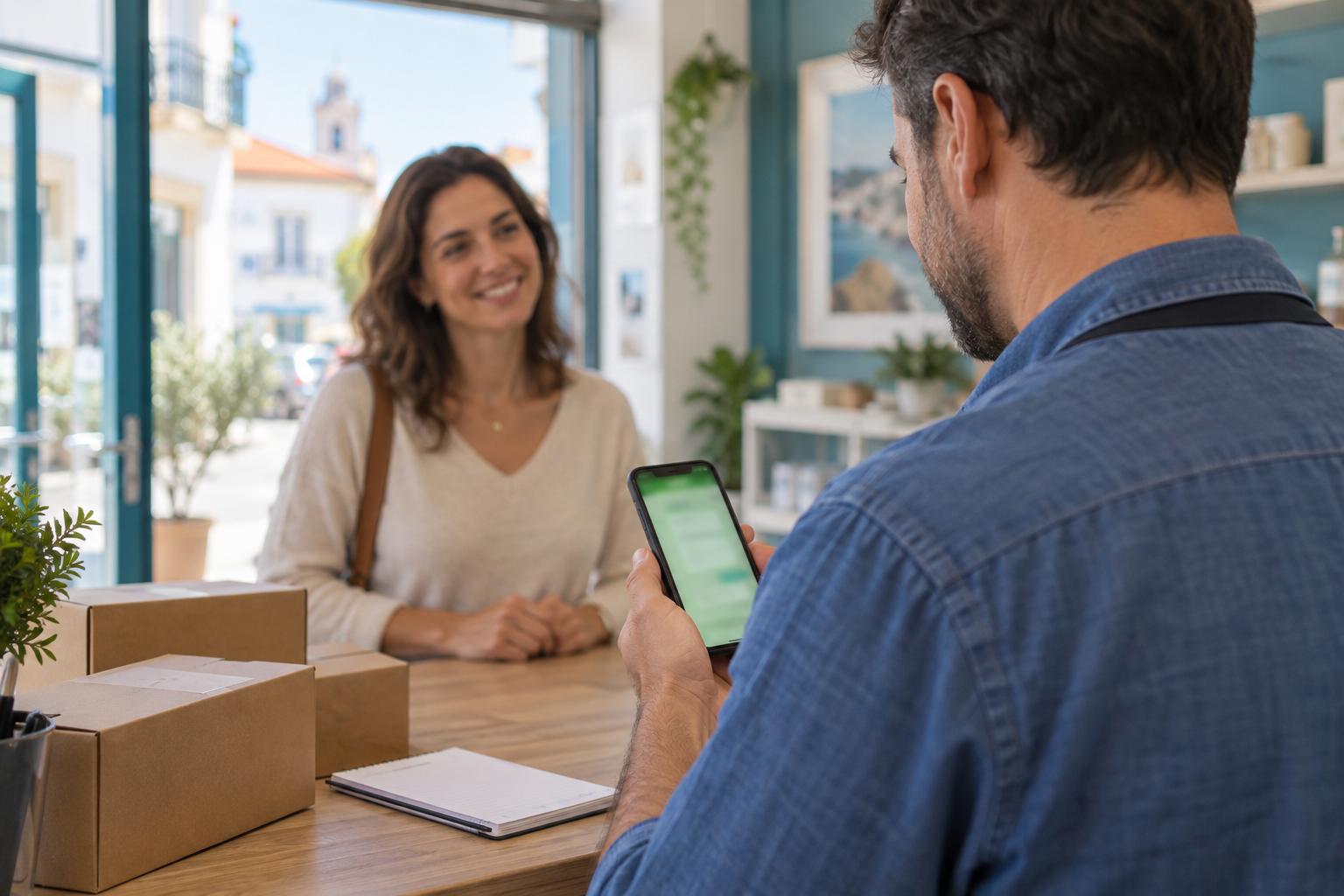 Balcão de atendimento de uma PME, colaborador a confirmar no telemóvel se há stock antes de dar uma data de entrega ao cliente