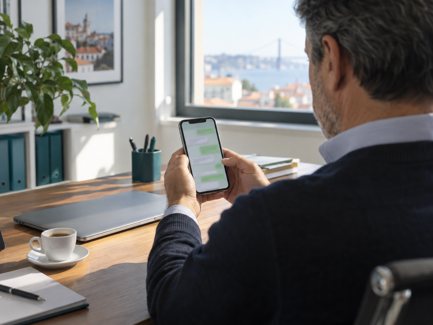 Dono de PME a ler uma resposta no WhatsApp no telemóvel, ao início da manhã no escritório
