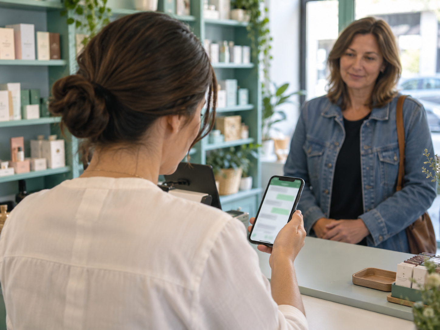 Comercial ao balcão a consultar o telemóvel enquanto atende um cliente