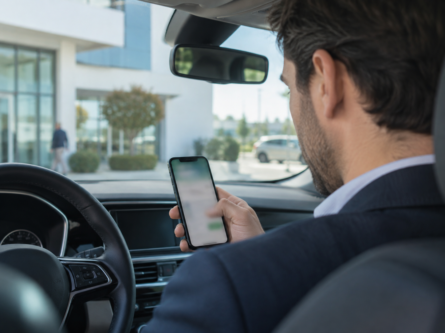 Comercial sentado no carro, à porta de um cliente, a consultar no telemóvel a data da última encomenda antes de entrar