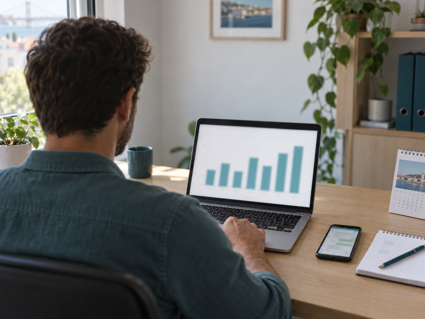 Gestor sentado à secretária a ver um gráfico de barras semanal no portátil, com o telemóvel e um bloco de notas com contagens ao lado