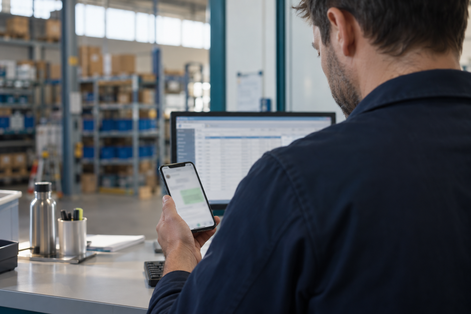 Funcionário de armazém a responder a um cliente pelo WhatsApp no telemóvel, com o ERP aberto no monitor à sua frente