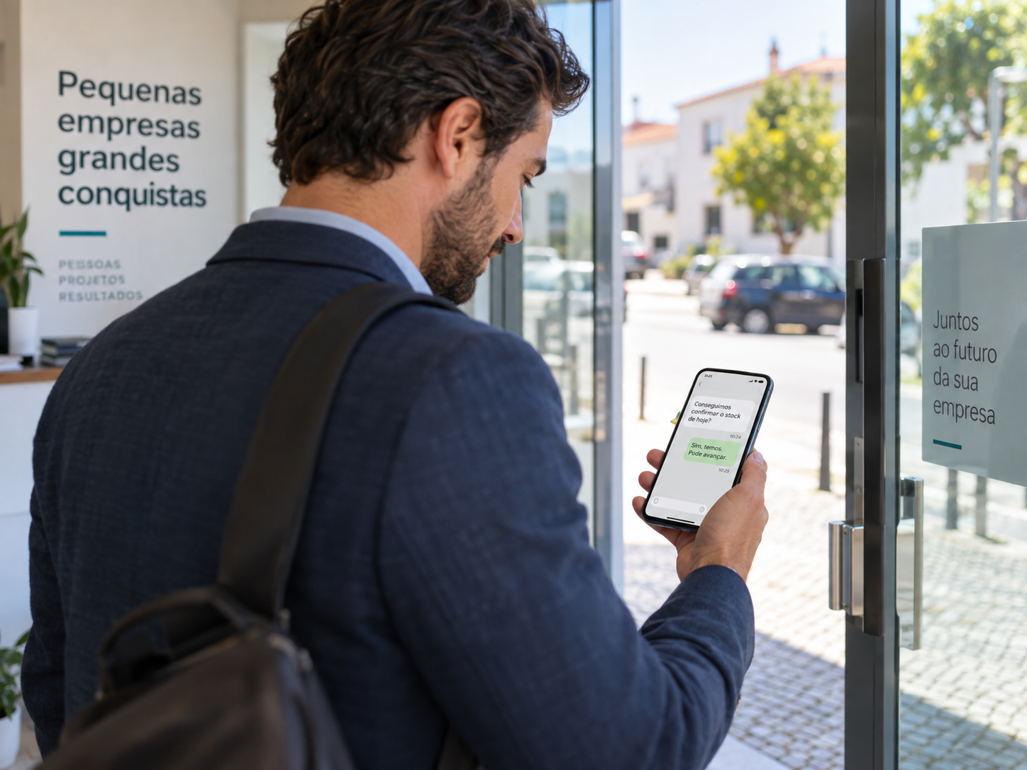 Comercial de uma PME portuguesa a sair do escritório a consultar uma resposta no telemóvel, luz natural