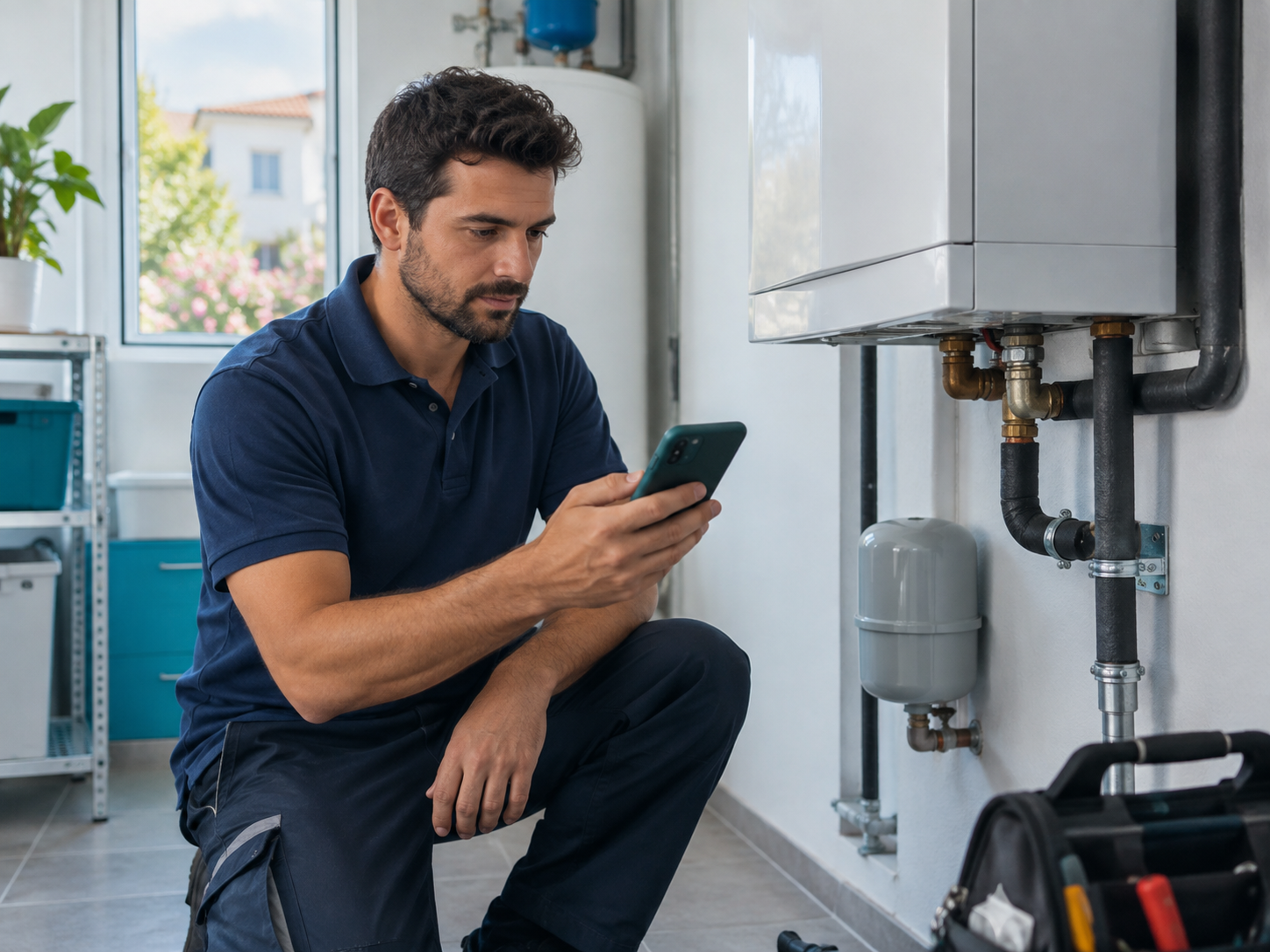 Técnico de assistência ajoelhado junto a um equipamento no cliente, telemóvel na mão, a decidir se a peça está em garantia