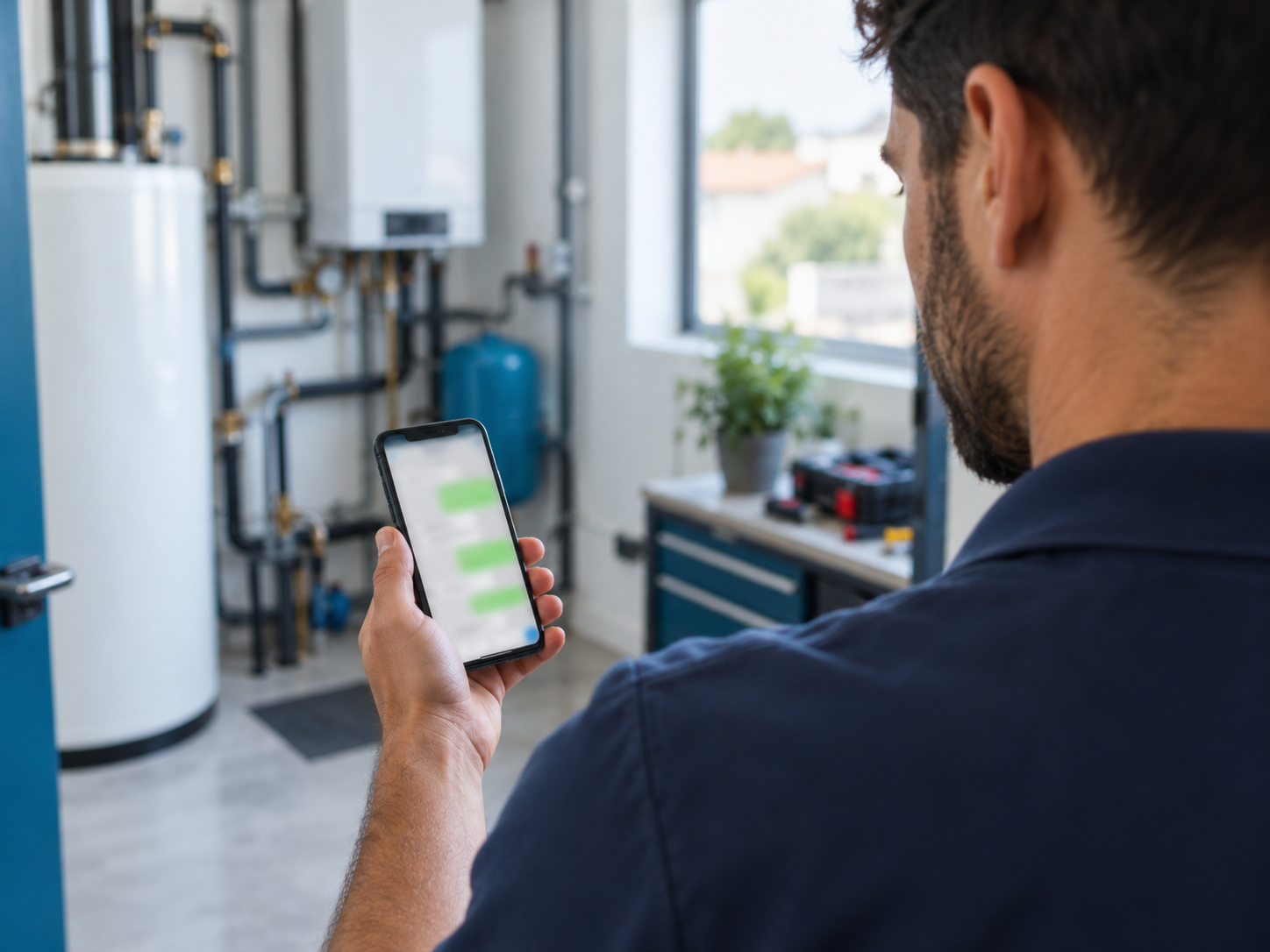 Vista sobre o ombro do técnico a ler a resposta que chega no WhatsApp, no telemóvel na mão