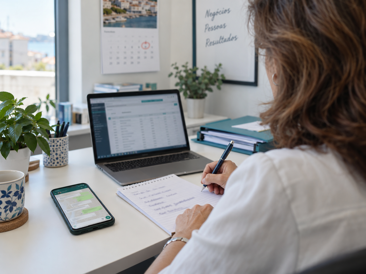 Gestora de uma PME a reescrever à mão, num bloco de notas, a frase do projeto, com o telemóvel e o WhatsApp aberto ao lado e o calendário ao fundo