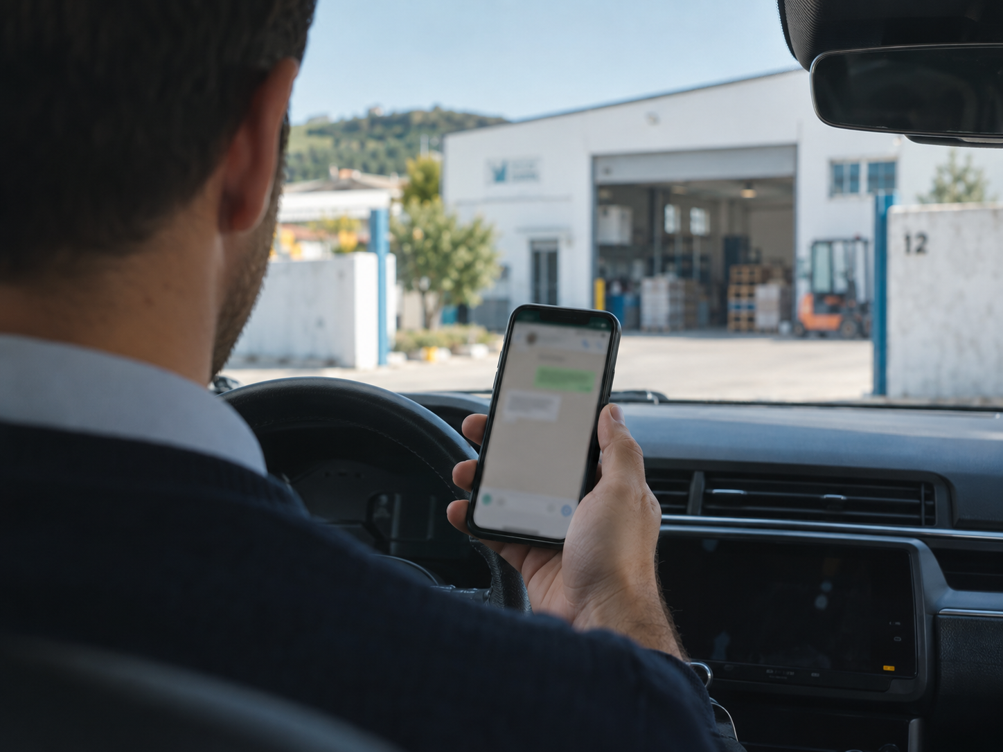 Comercial dentro do carro, estacionado à porta de um cliente, a consultar no telemóvel uma conversa de WhatsApp antes de entrar