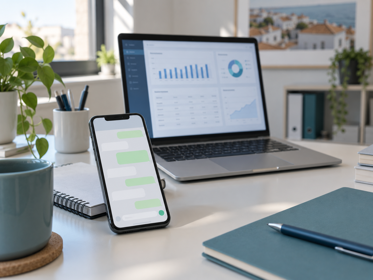 Secretária de um pequeno negócio de serviços português, com um portátil a mostrar um painel de faturação e, em primeiro plano nítido, um smartphone com uma conversa de WhatsApp