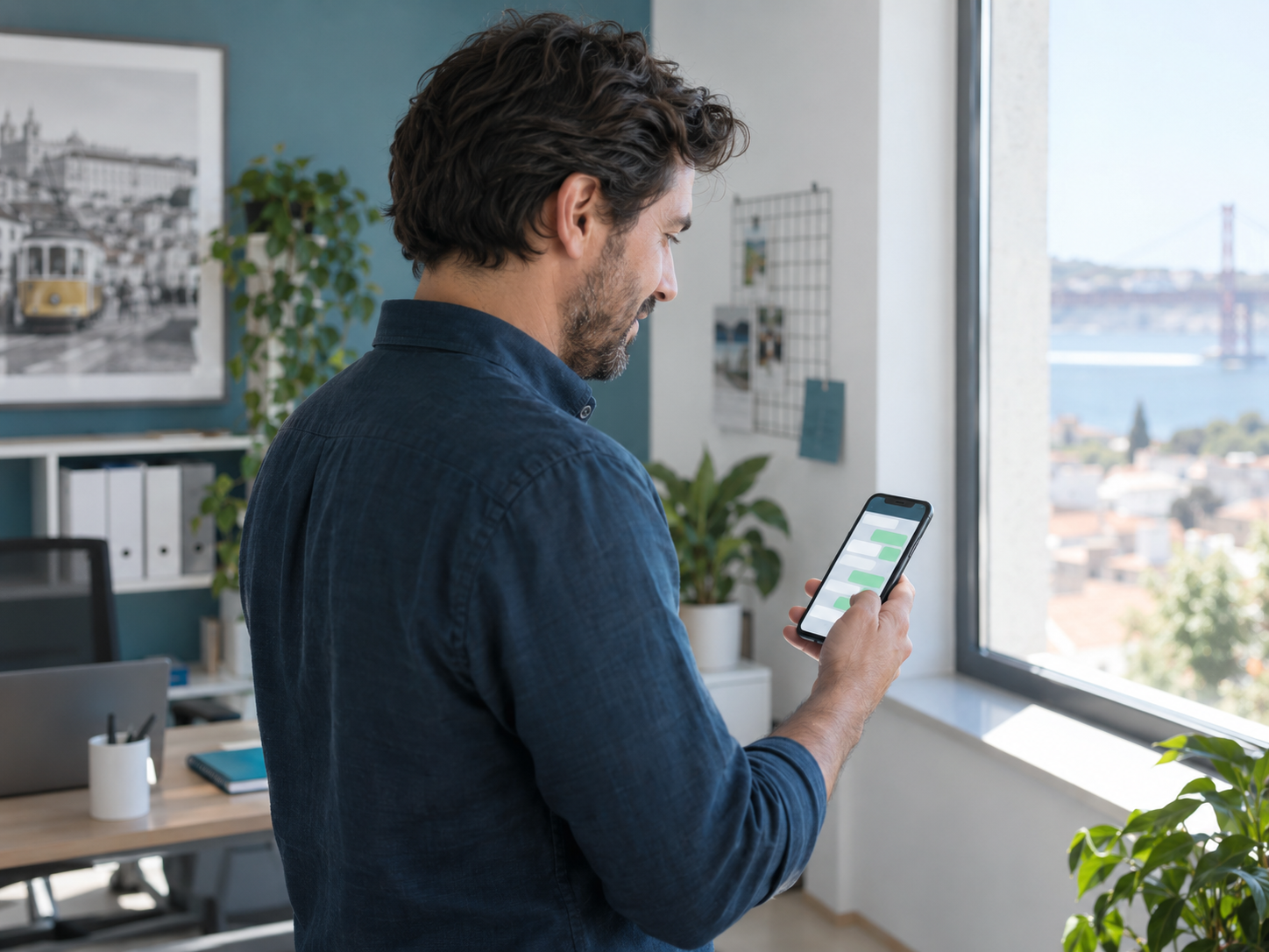 Profissional de um pequeno negócio junto a uma janela a consultar o smartphone com uma conversa de WhatsApp, num intervalo entre tarefas