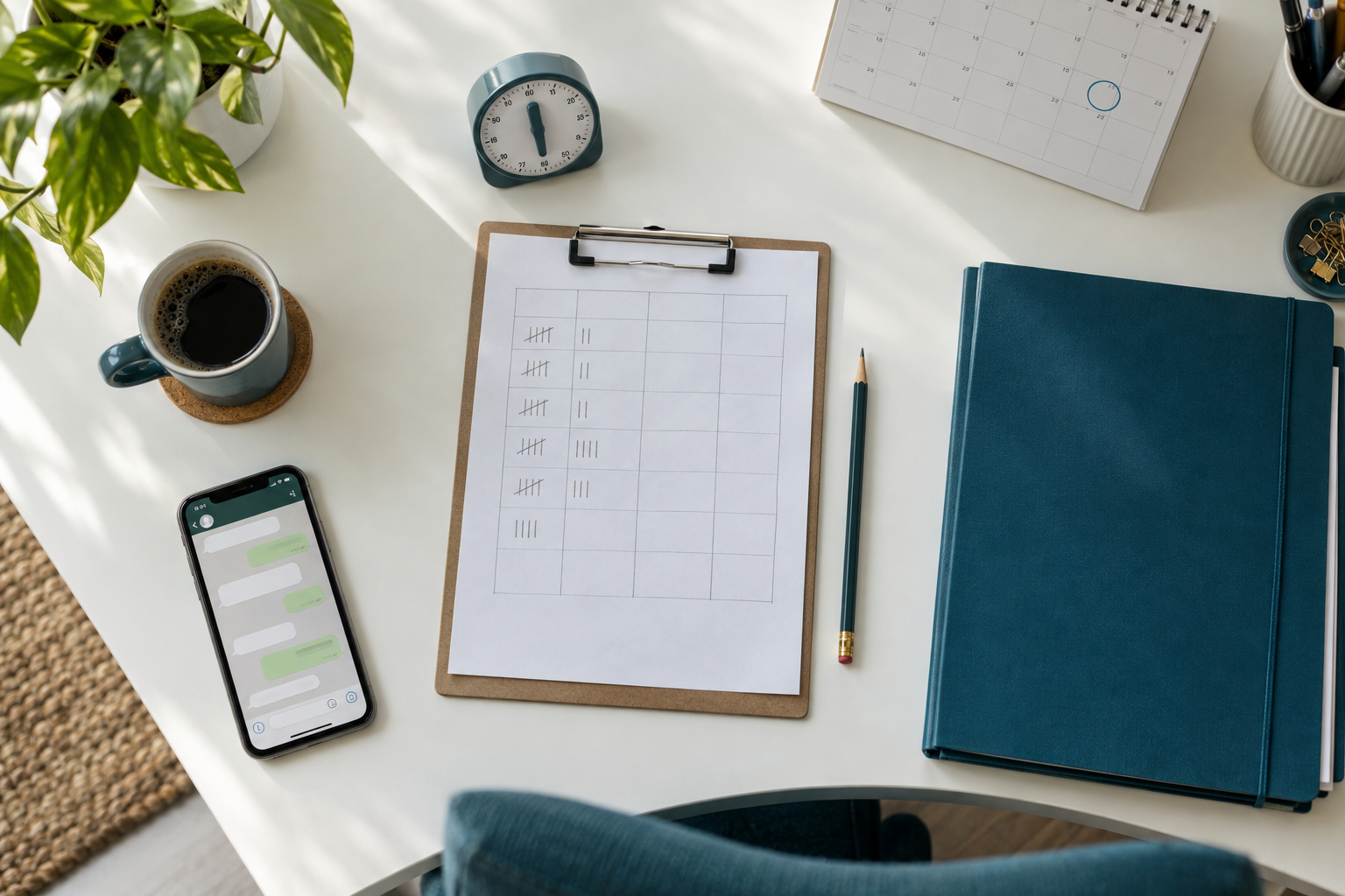 Secretária vista de cima com uma folha de registo com marcas a lápis, um temporizador, um telemóvel com WhatsApp e um calendário de papel