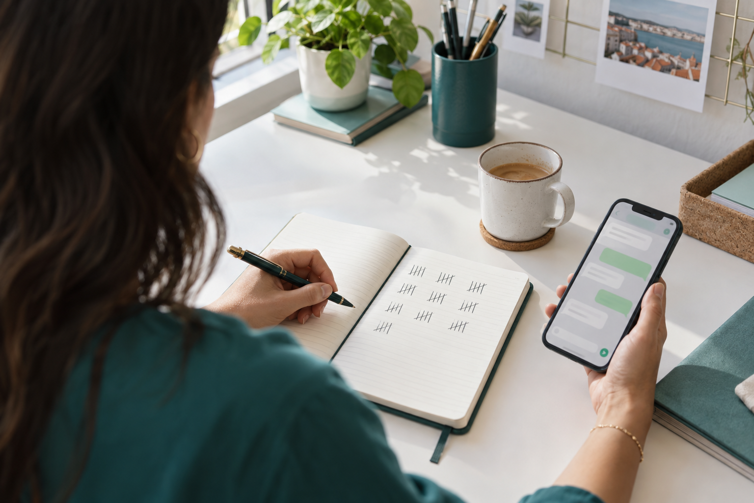 Gestora vista por cima do ombro a registar riscos num caderno enquanto segura o telemóvel com uma conversa de WhatsApp