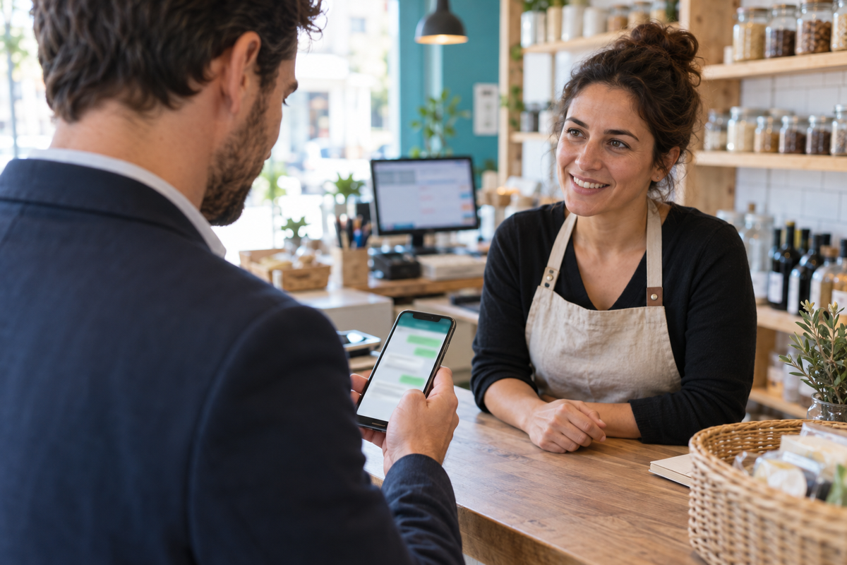 Comercial numa loja de um pequeno negócio português, ao balcão com o cliente, a consultar rapidamente o smartphone com uma conversa de WhatsApp