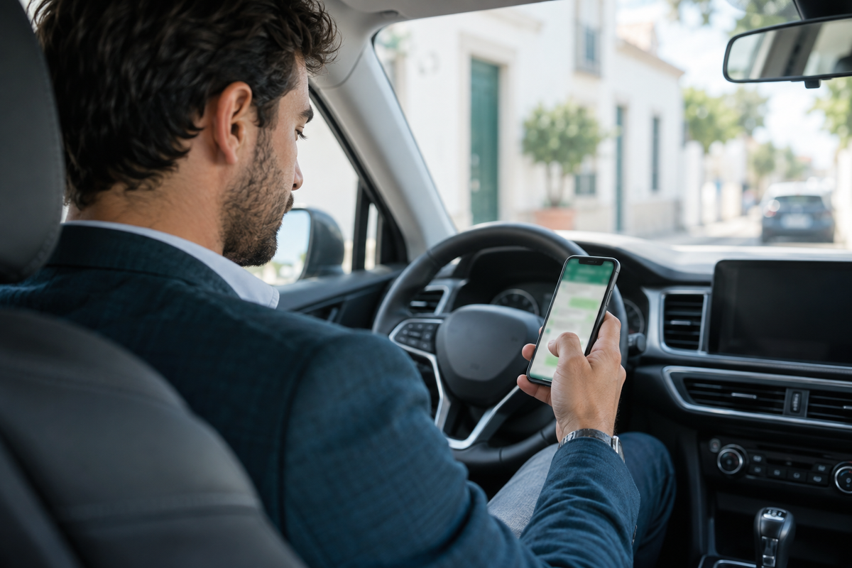 Comercial sentado no carro a consultar rapidamente o smartphone antes de entrar numa visita a cliente