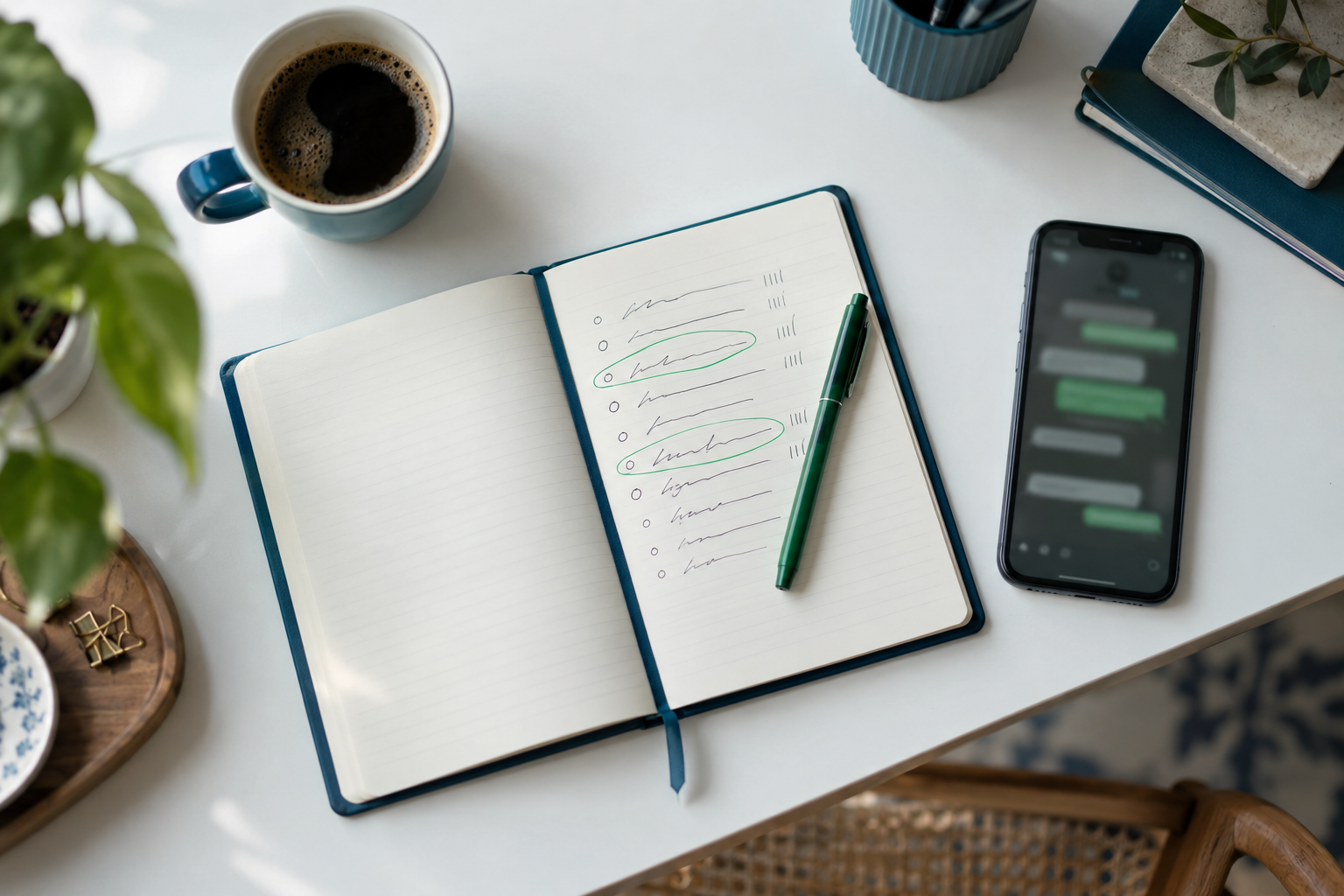 Caderno aberto com uma lista de perguntas, riscos de contagem ao lado e três linhas circuladas a verde, junto a um telemóvel