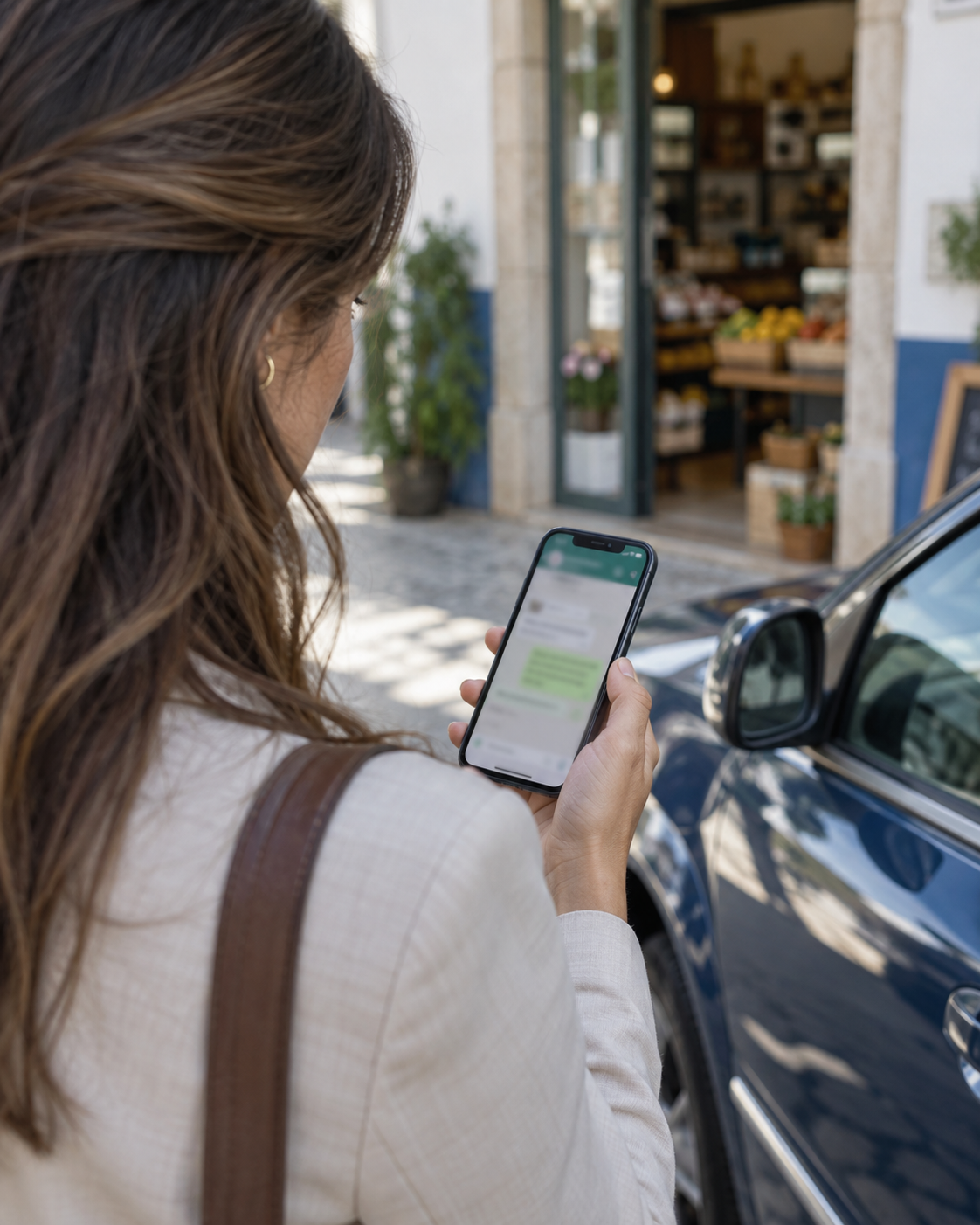 Comercial à porta de um cliente a ler no telemóvel a resposta a uma pergunta de stock, junto ao carro