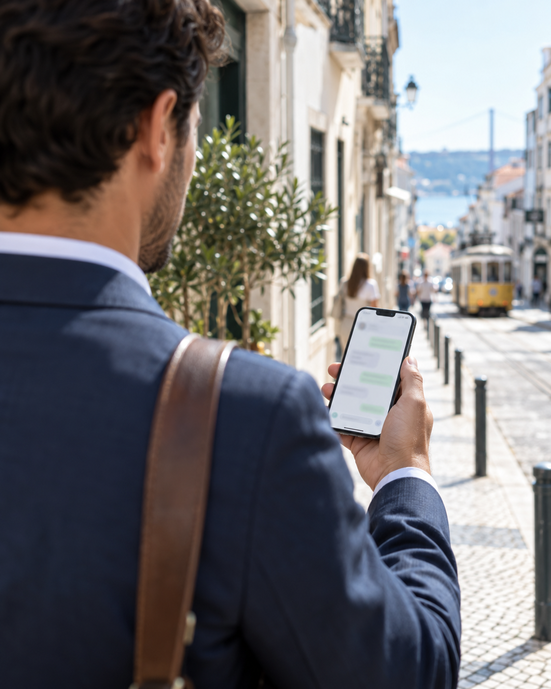 Comercial de uma PME a caminho de uma reunião, a consultar o telemóvel na rua