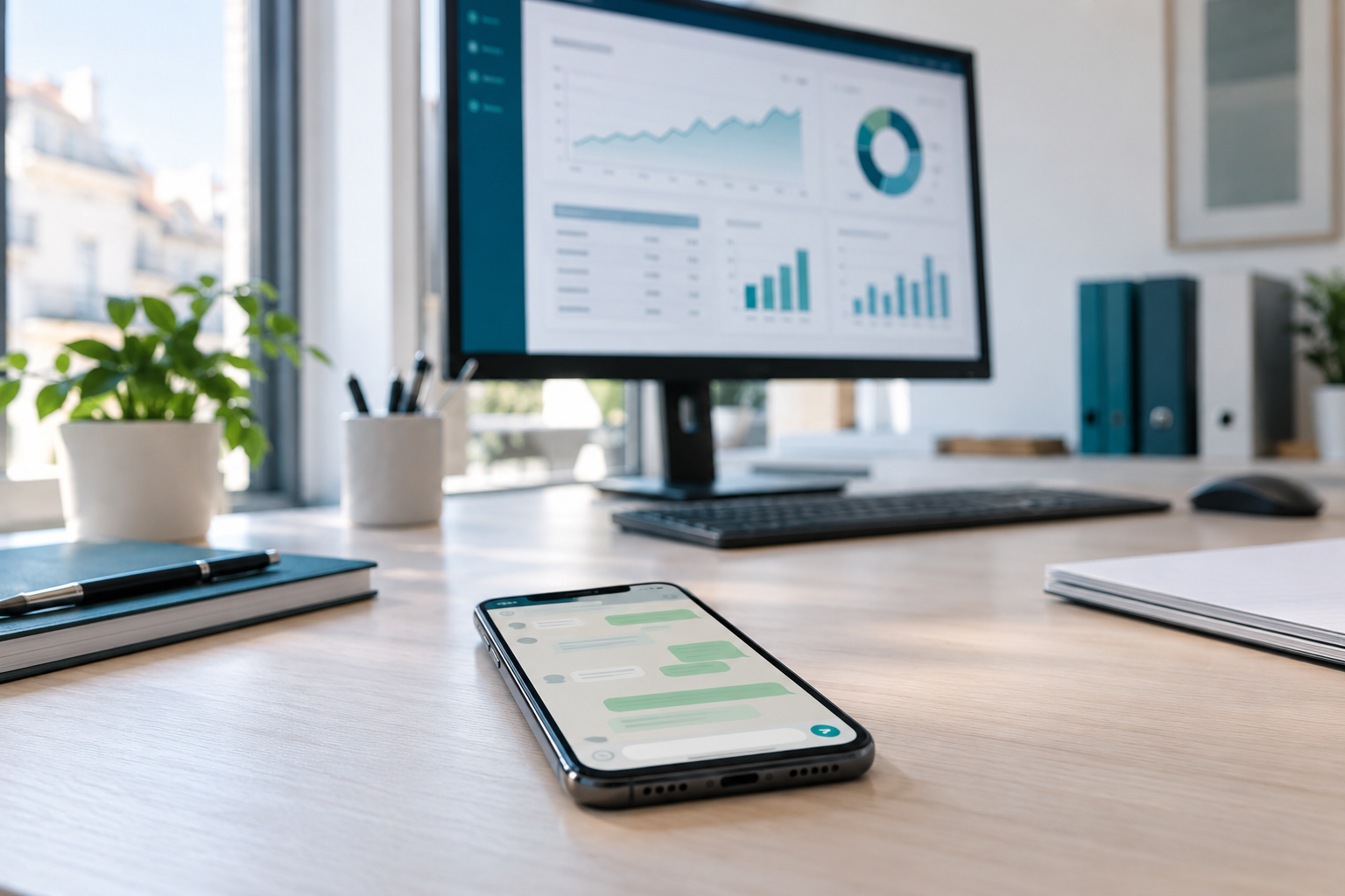 Secretária de escritório de PME com um monitor a mostrar um ERP desfocado ao fundo e, em primeiro plano nítido, um smartphone com uma conversa de WhatsApp