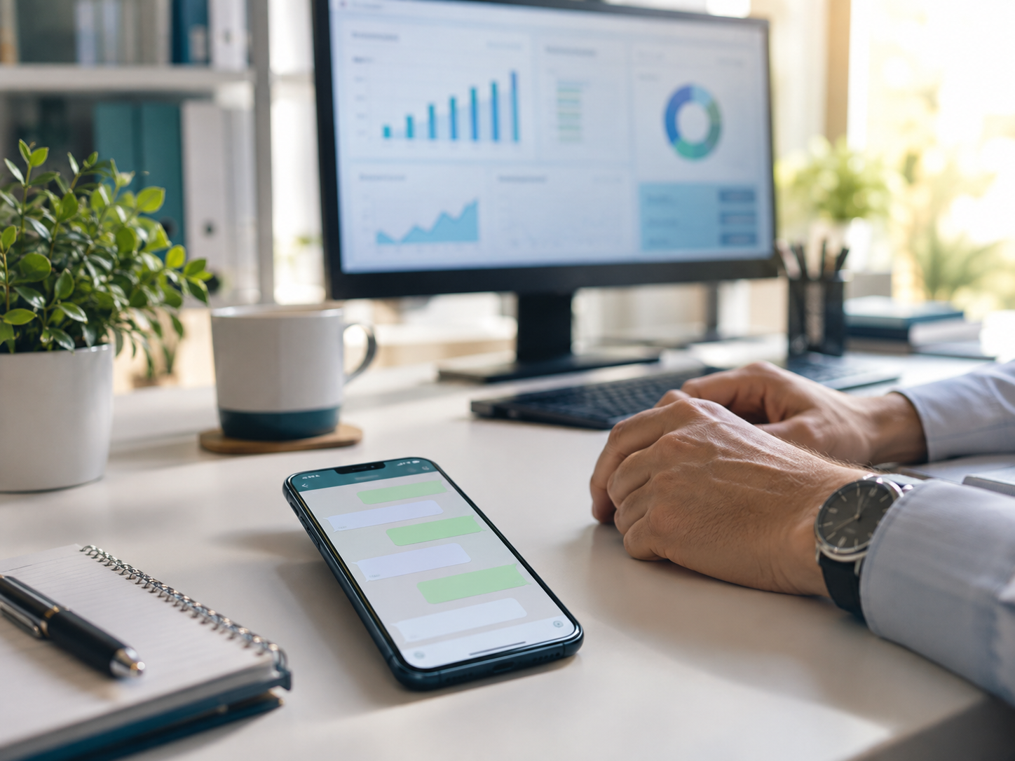 Mãos de um gestor sobre uma secretária, com um smartphone em foco a mostrar uma conversa de WhatsApp e um monitor desfocado com um ERP ao fundo