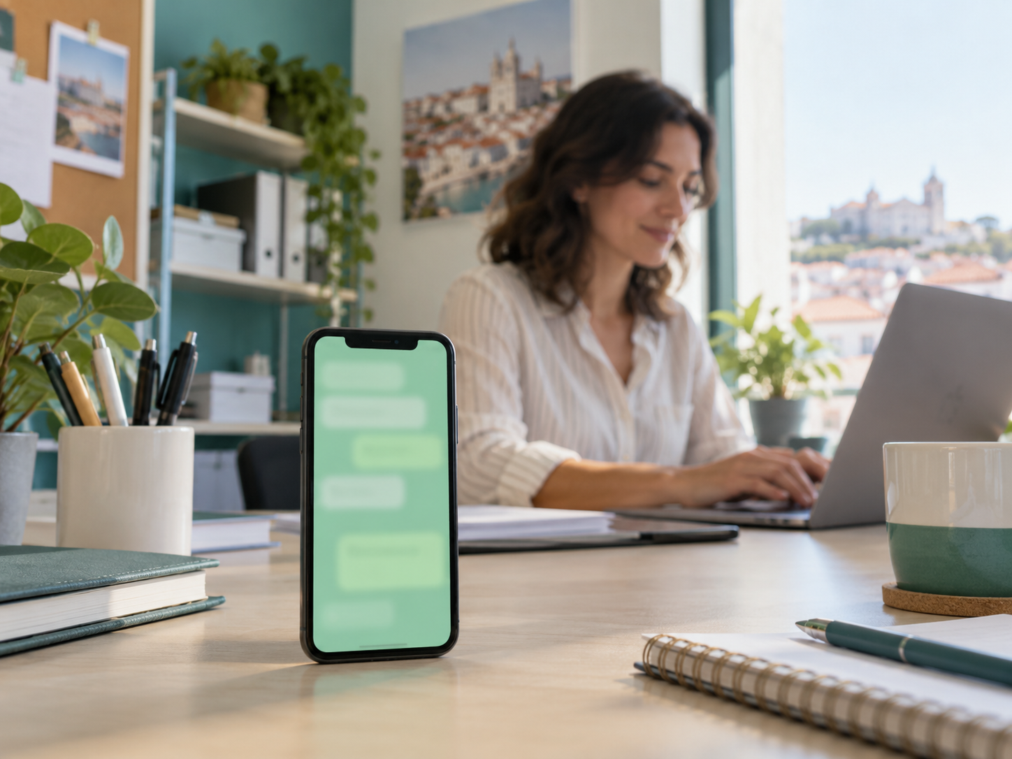 Smartphone com conversa de WhatsApp em primeiro plano numa secretária de escritório de PME