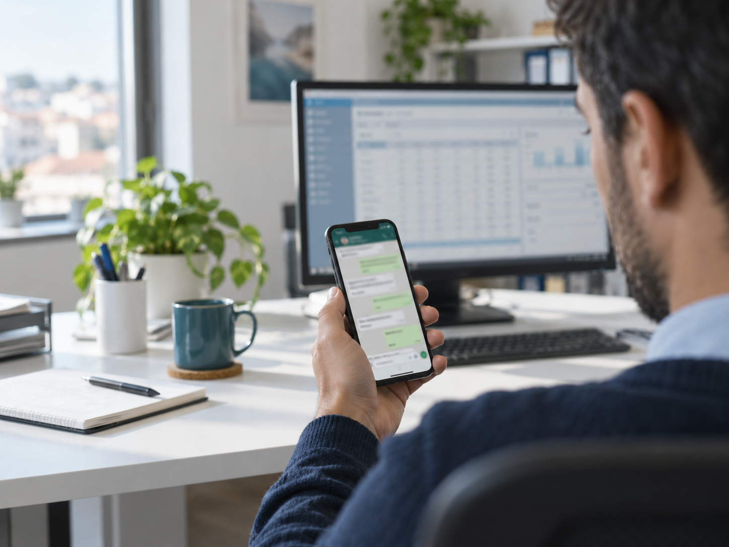 Escritório de PME portuguesa com um ERP no monitor e, em primeiro plano, um smartphone com uma conversa de WhatsApp