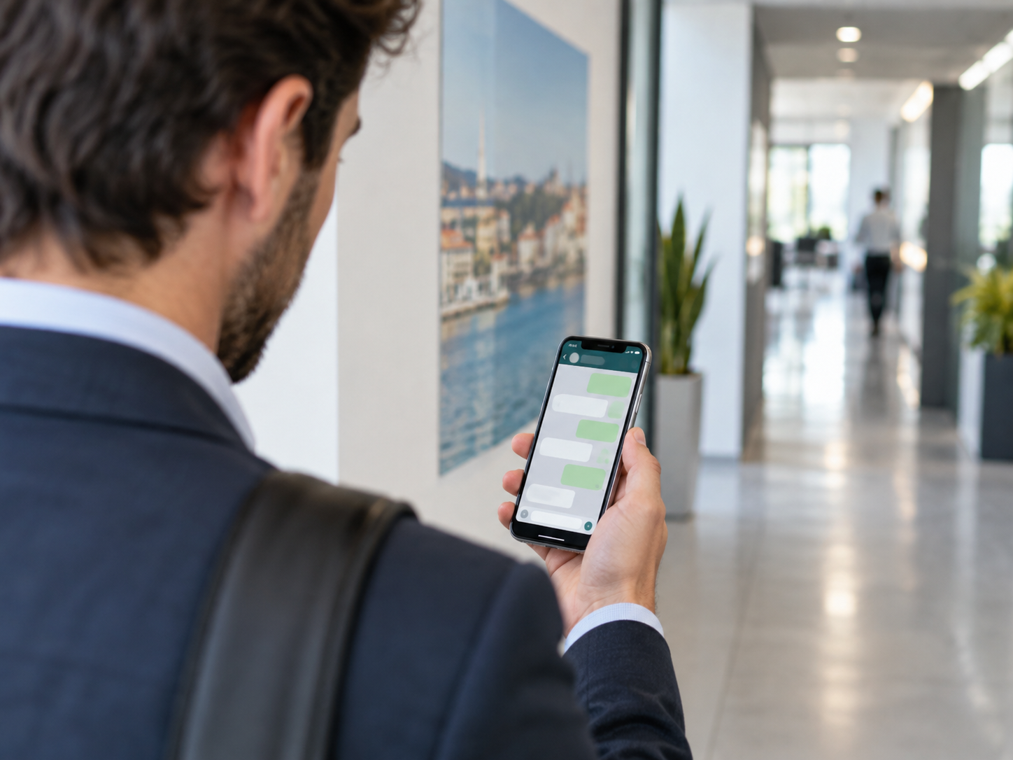 Comercial de PME a consultar uma resposta no WhatsApp no smartphone, fora da secretária