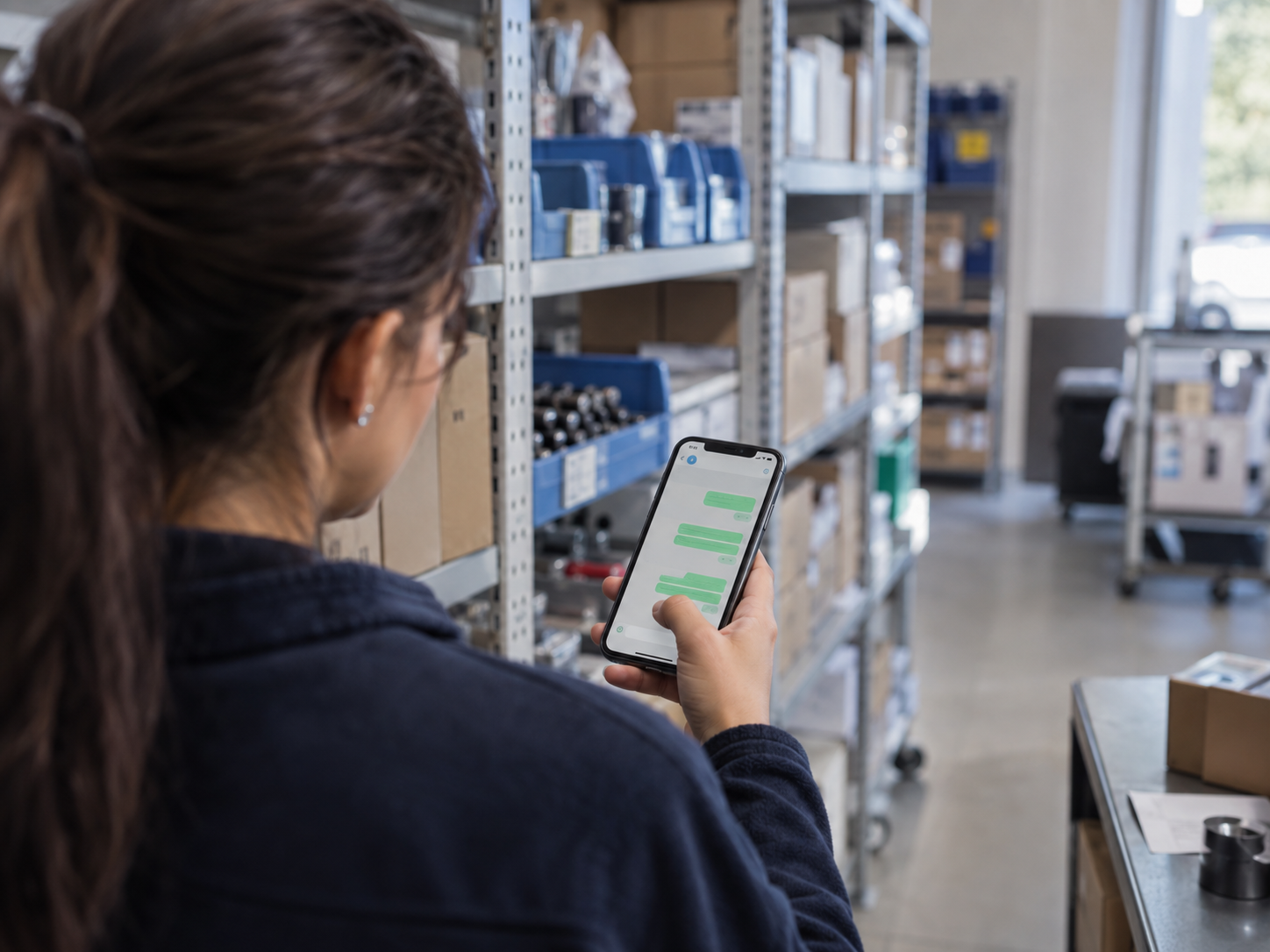 Colaborador de armazém a verificar disponibilidade de stock no smartphone entre as prateleiras