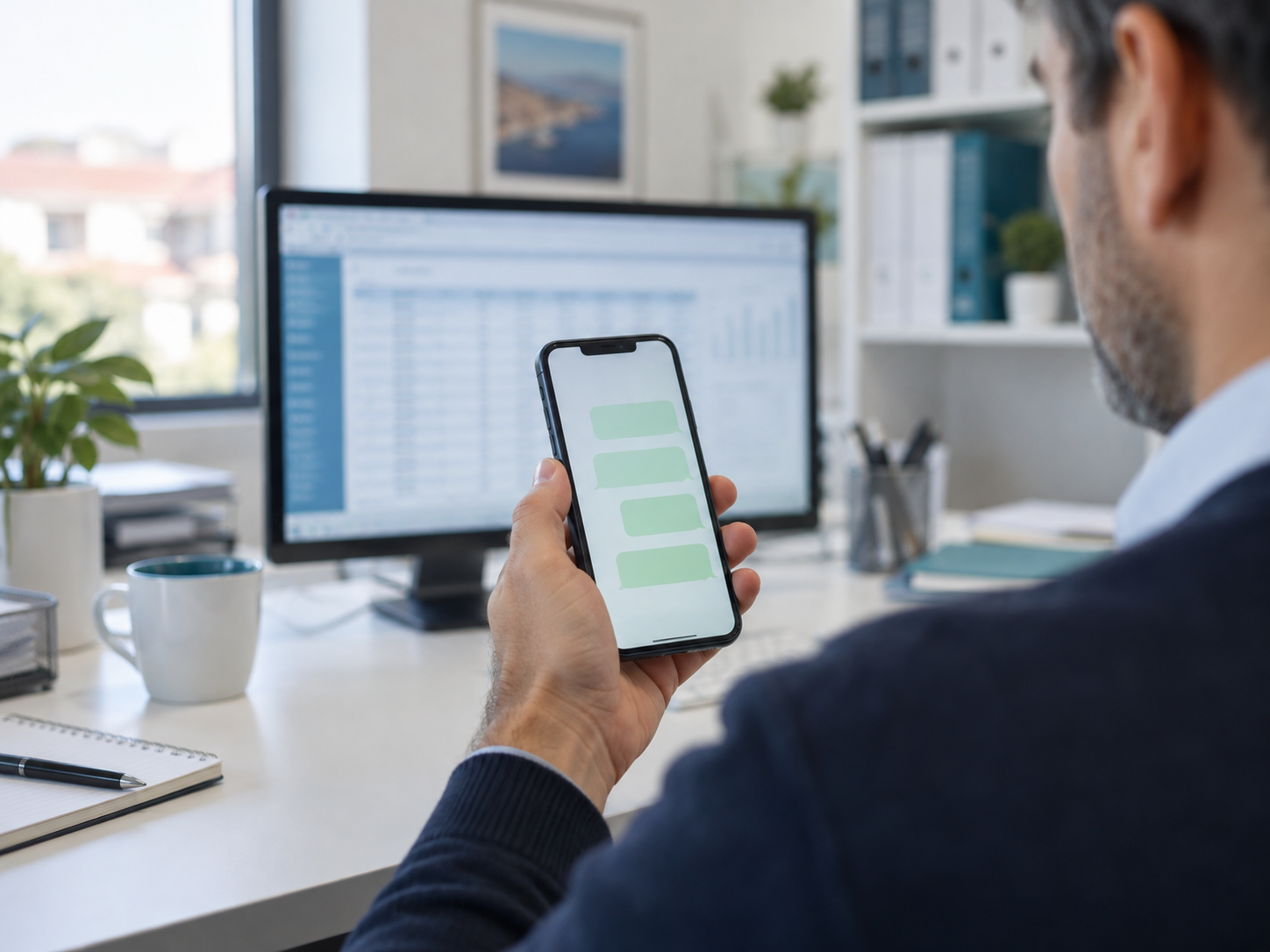 Dono de PME a olhar para o WhatsApp no telemóvel com um monitor de ERP desfocado ao fundo