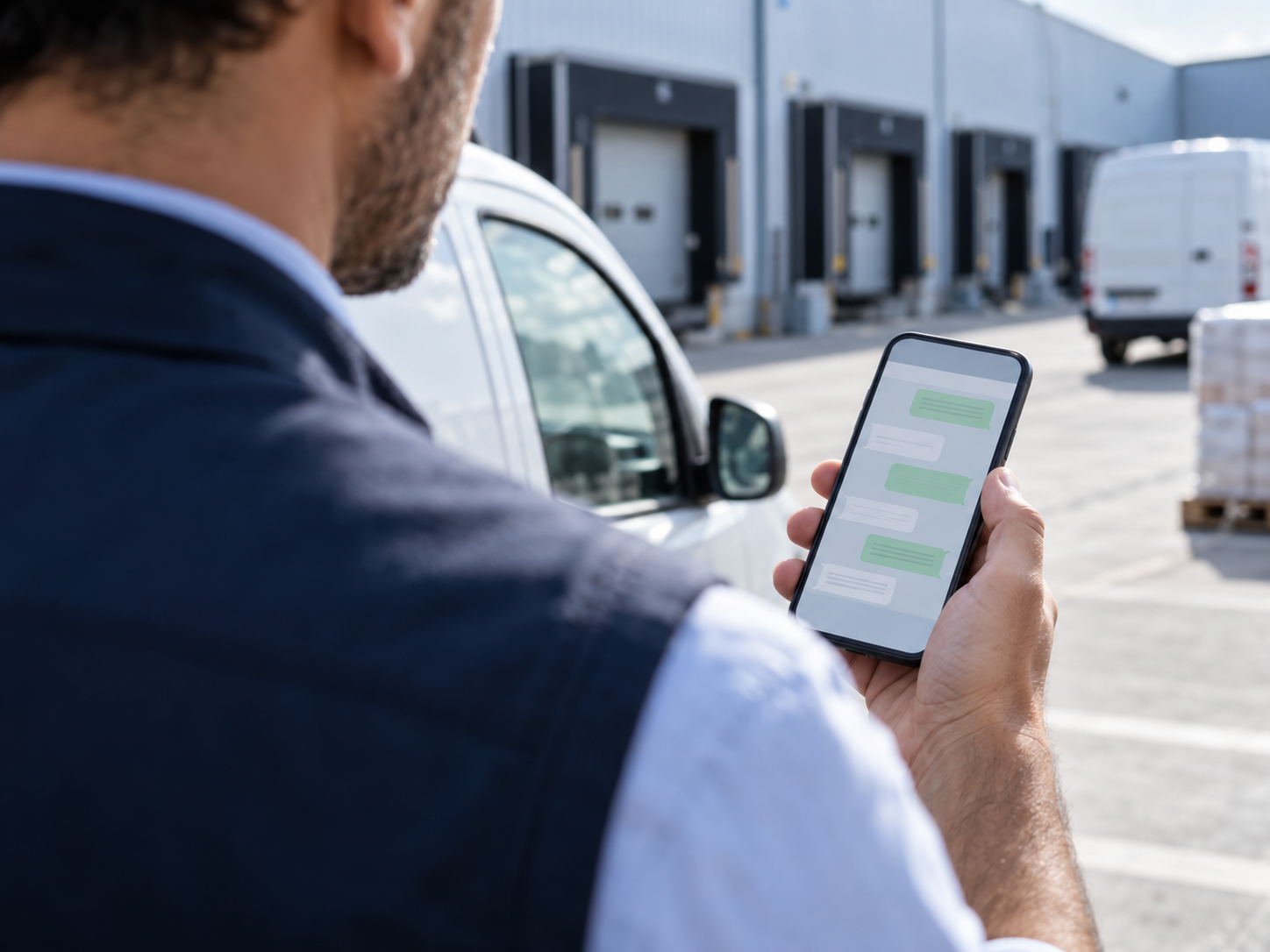 Comercial junto a uma carrinha a consultar o WhatsApp no telemóvel