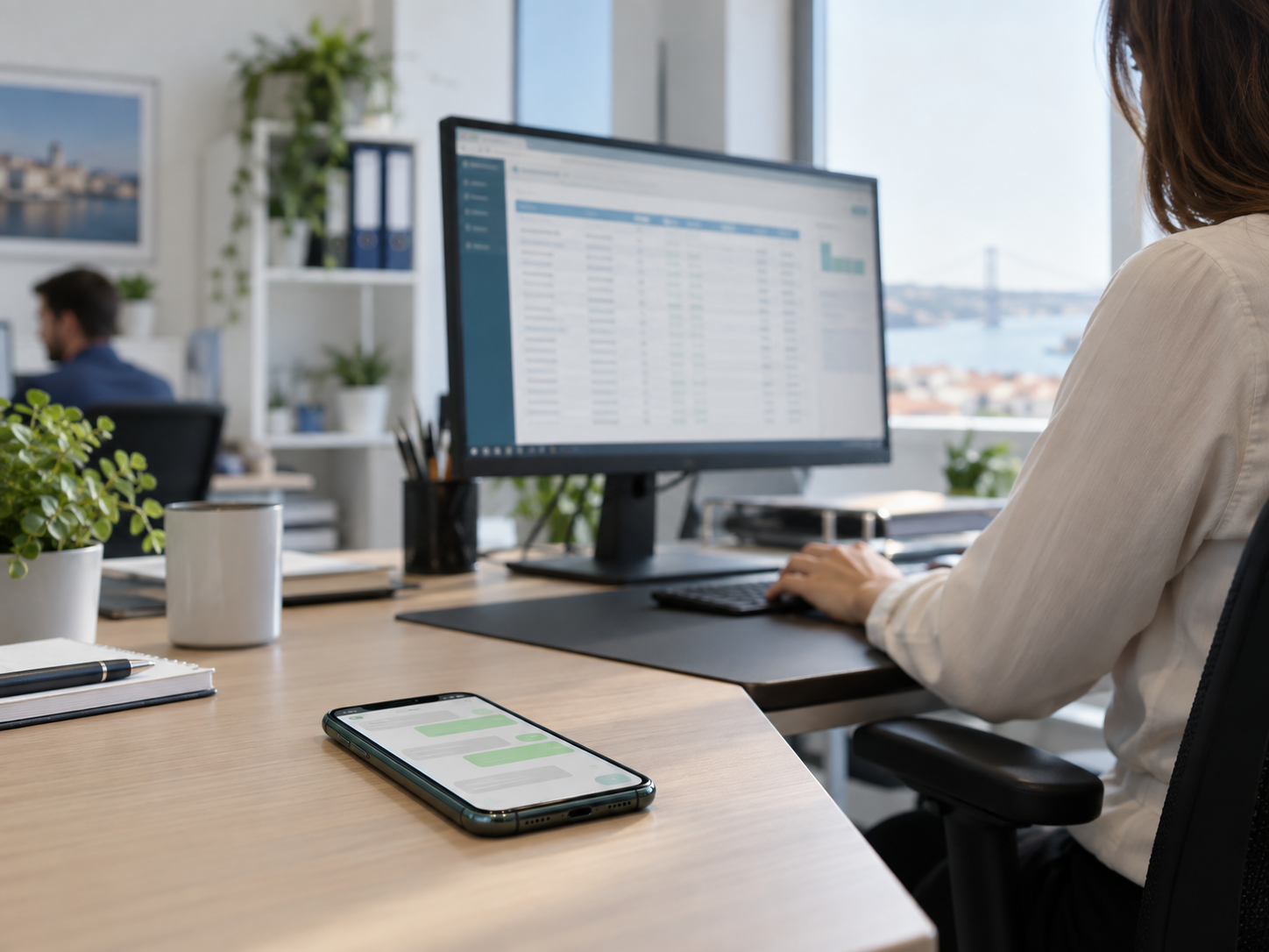 Secretária de escritório com um monitor a mostrar um mapa de stock e, em primeiro plano, um telemóvel com uma conversa de WhatsApp