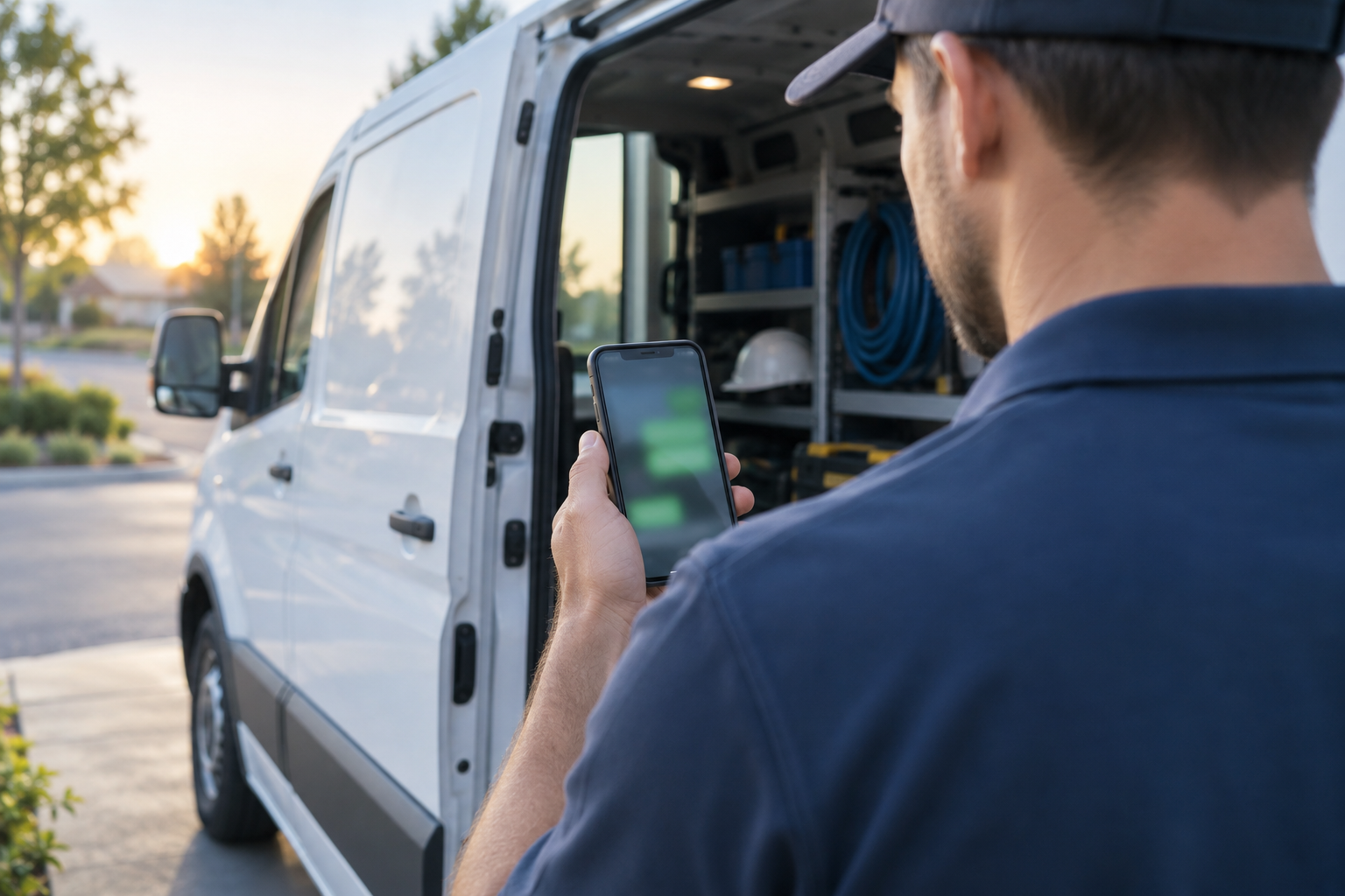 Técnico junto à carrinha de serviço a verificar o telemóvel antes de arrancar de manhã