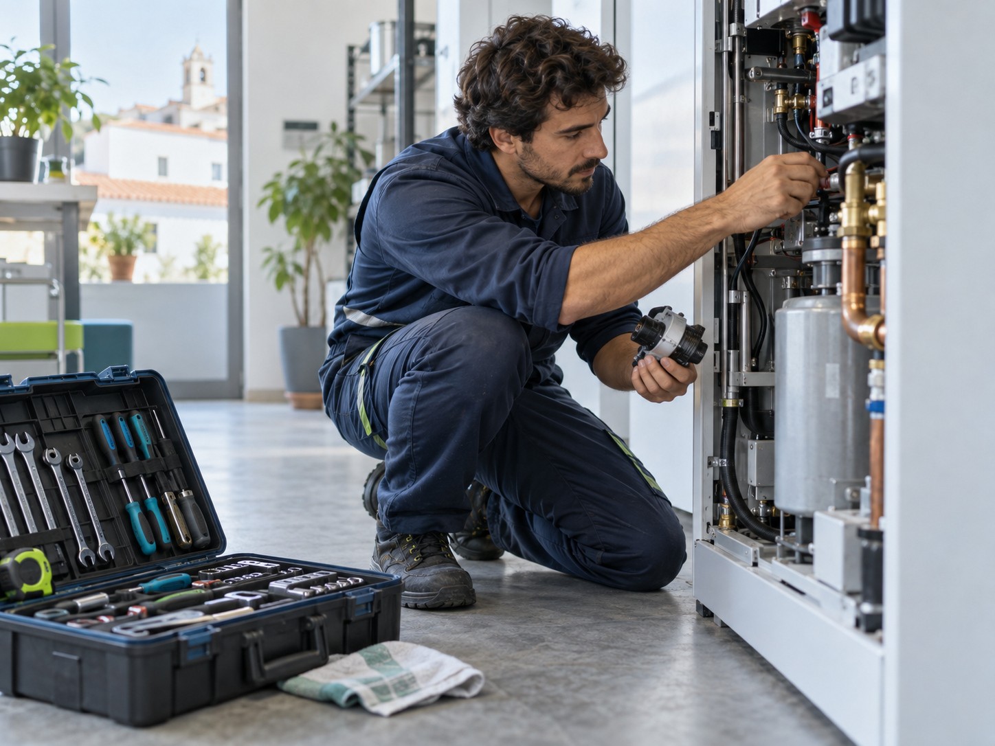 Técnico ajoelhado a reparar um equipamento em casa do cliente, com a peça na mão e a caixa de ferramentas aberta