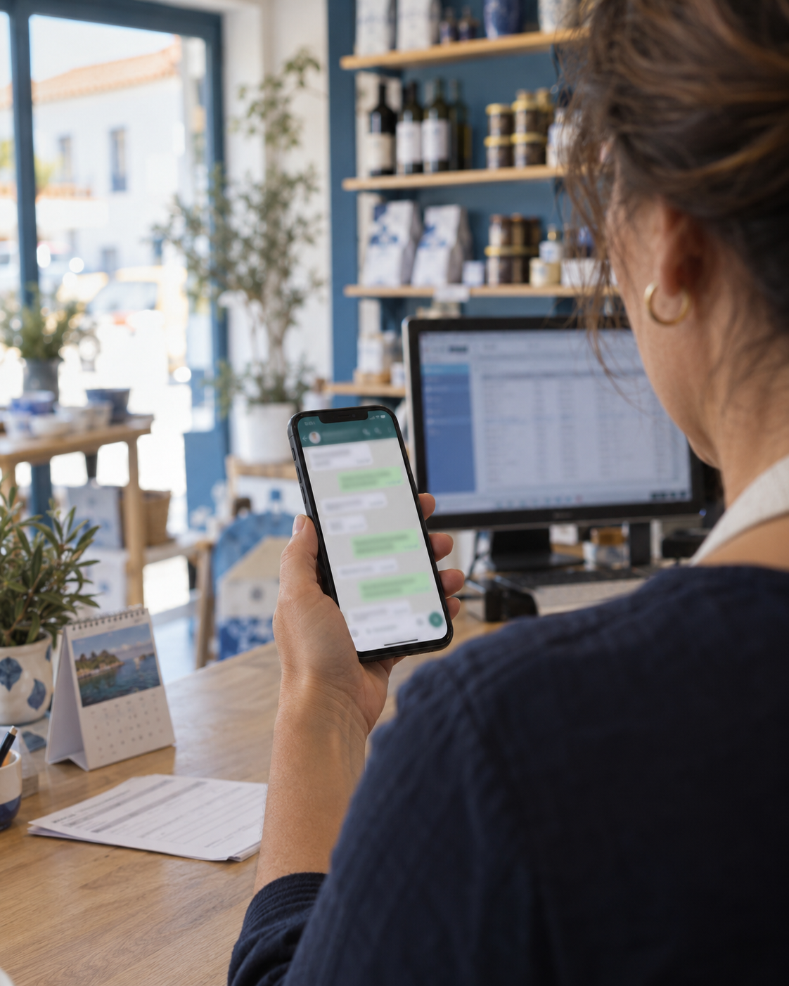 Dona de uma loja ao balcão, vista por trás do ombro, a ler uma conversa de WhatsApp no telemóvel, com um calendário de secretária e uma fatura em papel ao lado