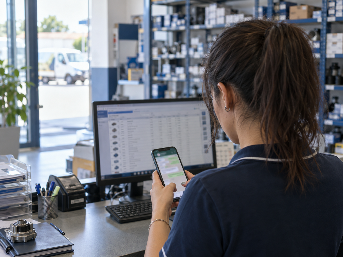 Funcionária de um distribuidor de peças, vista por trás do ombro, a responder no WhatsApp pelo telemóvel ao balcão, com um monitor do ERP à frente e prateleiras ao fundo