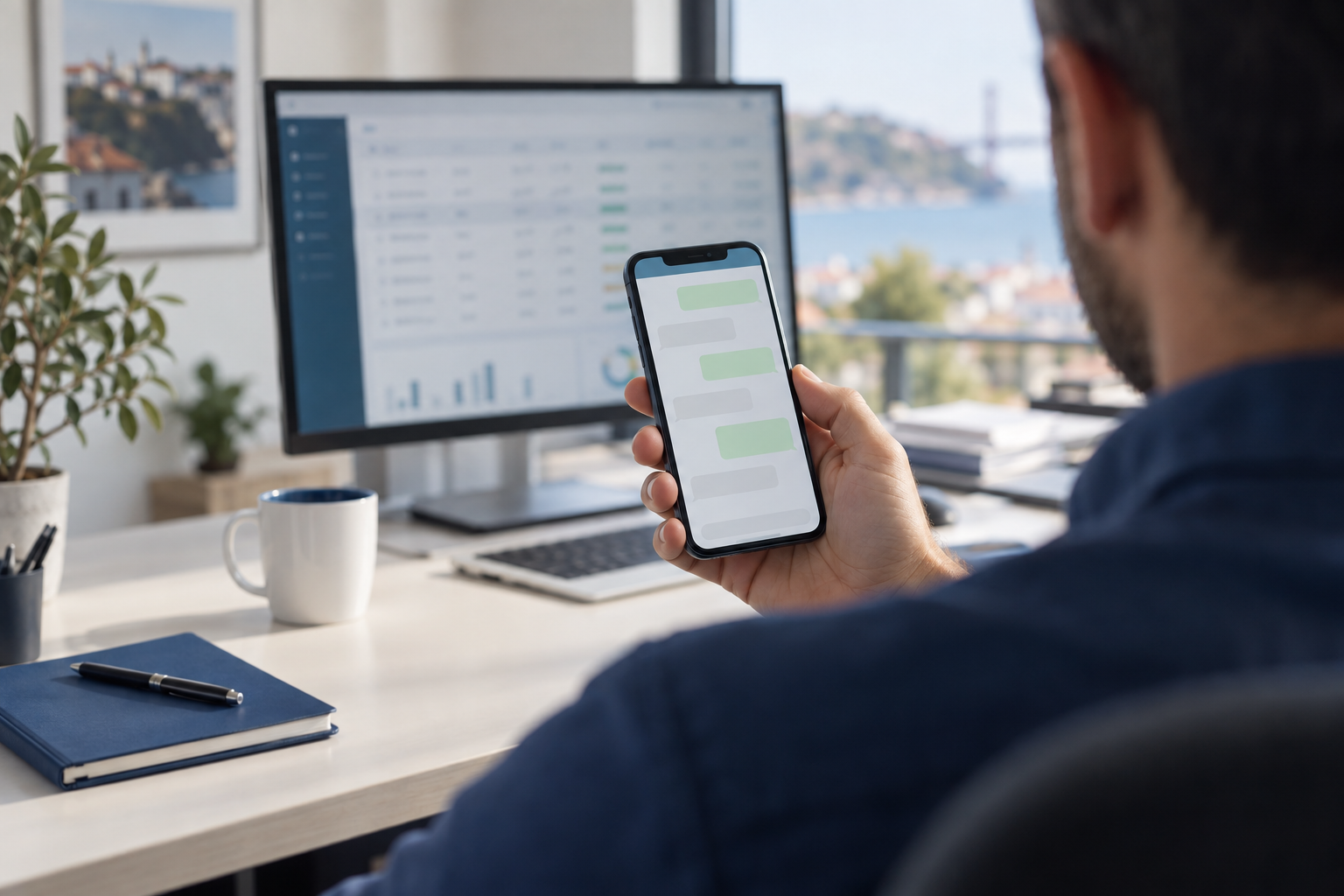 Dono de uma PME a ler uma conversa de WhatsApp no telemóvel, com o ERP aberto no monitor ao fundo