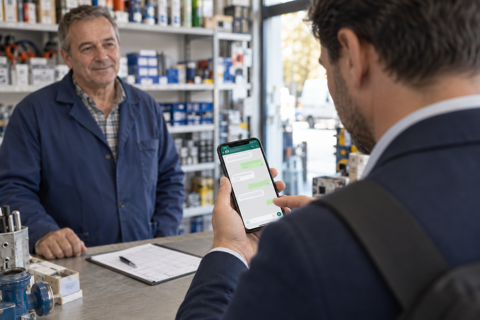 Comercial ao balcão de um cliente, a consultar o telemóvel antes de confirmar a encomenda