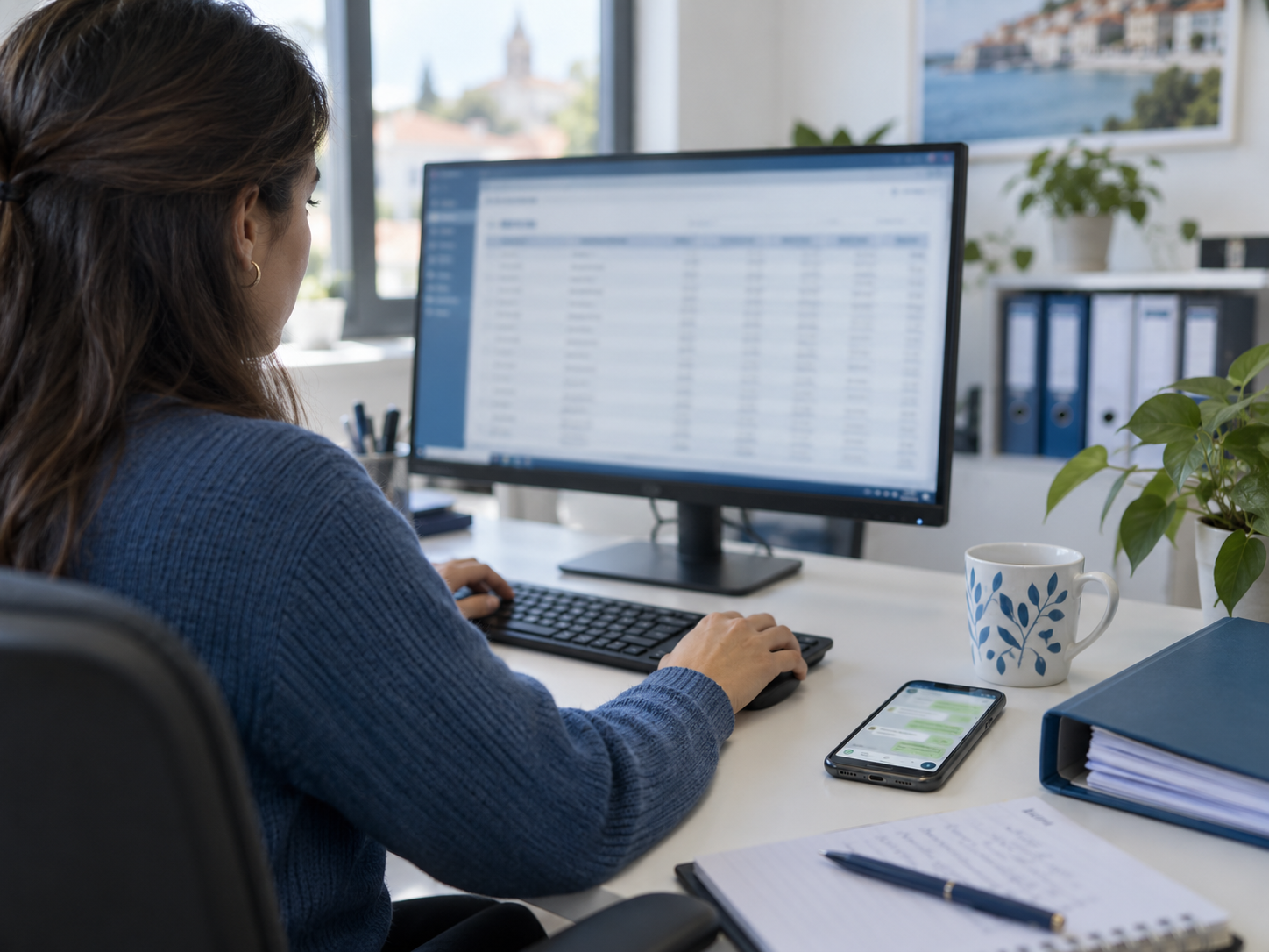 Back office de PME com o ERP aberto no monitor e o telemóvel com WhatsApp pousado na secretária