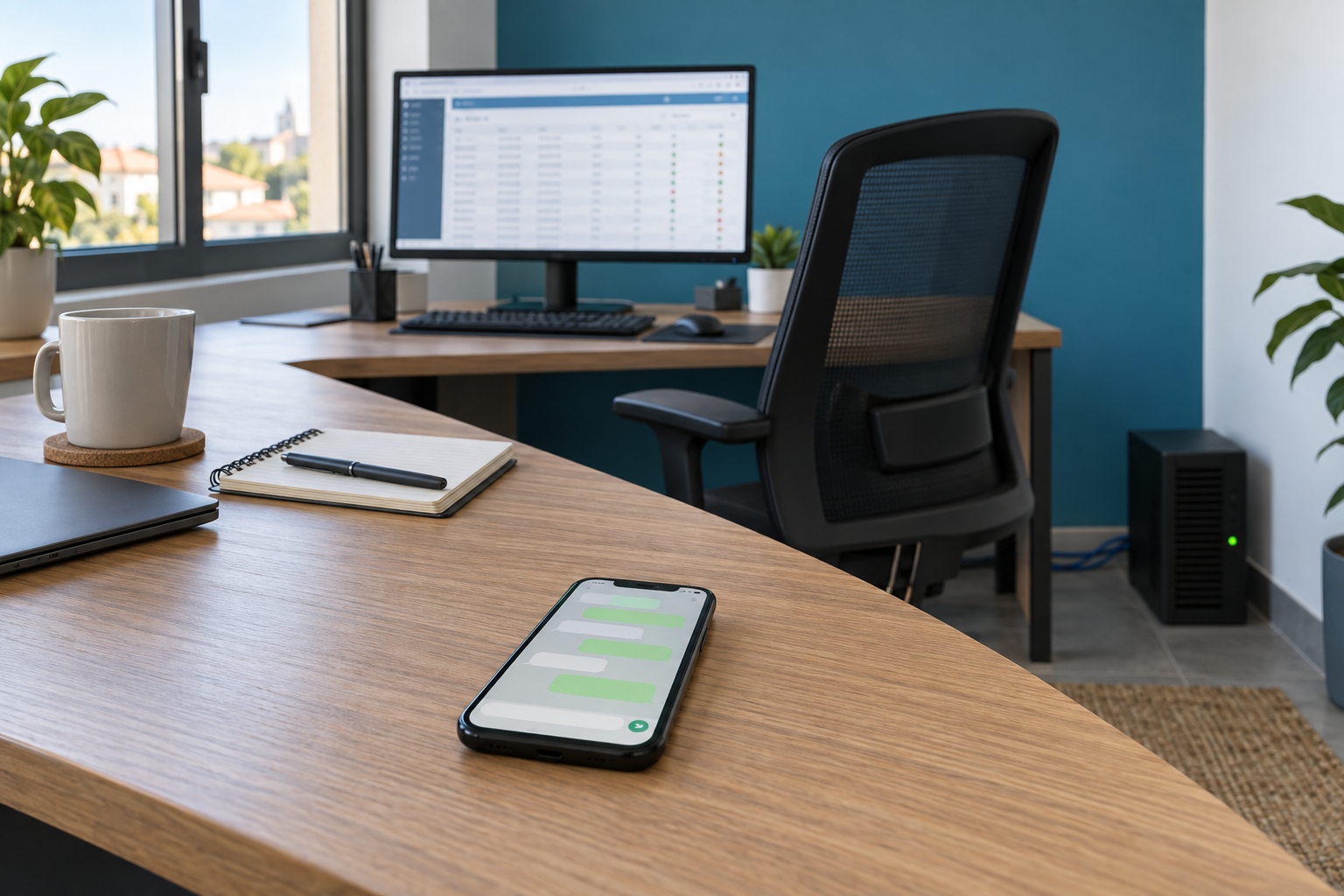 Escritório de PME com o monitor a mostrar o ERP, um pequeno servidor no chão e um smartphone com uma conversa de WhatsApp em cima da secretária vazia