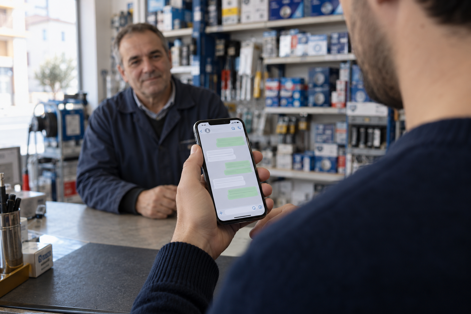Comercial ao balcão de uma loja de ferragens a consultar no smartphone uma conversa de WhatsApp enquanto o cliente espera